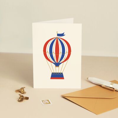 Blue Red Hot Air Balloon Card - Adventure / Travel / Departure - Illustration - Greeting card