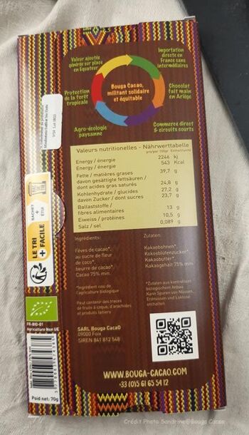 Tablette chocolat CRU 75% nature, 70g 3