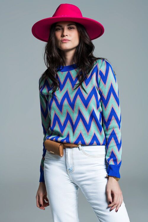 Blue sweater with  zig zag print in blue with pink details