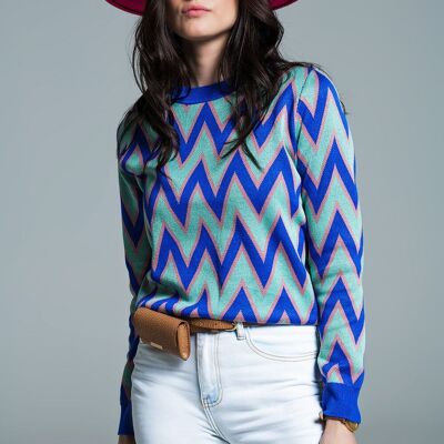 Blue sweater with  zig zag print in blue with pink details