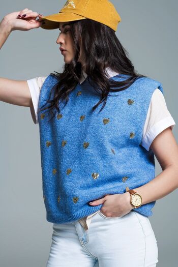 Pull sans manches bleu avec coeurs en paillettes argentées 5