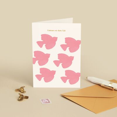 Card "Love is in the air" Birds - Love / Thoughts / I love you - Message in French - Greeting card