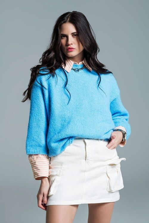 Relaxed sweater with french sleeve and crewneck in blue