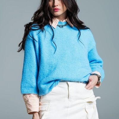 Lässiger Pullover mit französischen Ärmeln und Rundhalsausschnitt in Blau