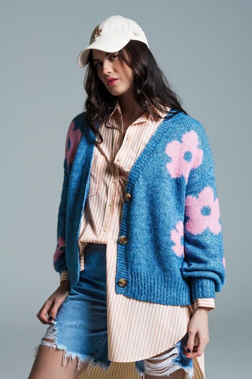 Blue cardigan with pink flowers and  wide V-neckline