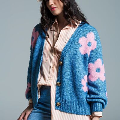 Blue cardigan with pink flowers and  wide V-neckline