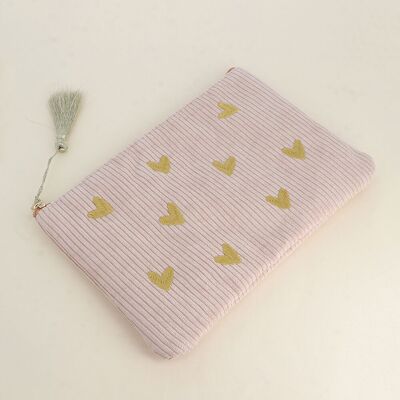 Estuche - Corazones - pana e interior estampado floral - 20 X 14 CM