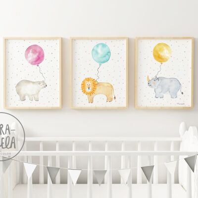 Set of children's prints of balloon animals - Polar Bear, lion and rhino - Fun and tender watercolor children's illustrations for the decoration of the newborn