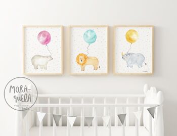 Ensemble d'estampes pour enfants d'animaux en ballons - Ours polaire, lion et rhinocéros - Illustrations enfants aquarelles amusantes et tendres pour la décoration du nouveau-né 1