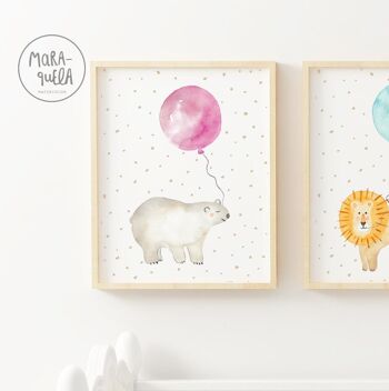 Ensemble d'estampes pour enfants d'animaux en ballons - Ours polaire, lion et rhinocéros - Illustrations enfants aquarelles amusantes et tendres pour la décoration du nouveau-né 2