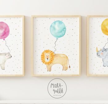 Ensemble d'estampes pour enfants d'animaux en ballons - Ours polaire, lion et rhinocéros - Illustrations enfants aquarelles amusantes et tendres pour la décoration du nouveau-né 3