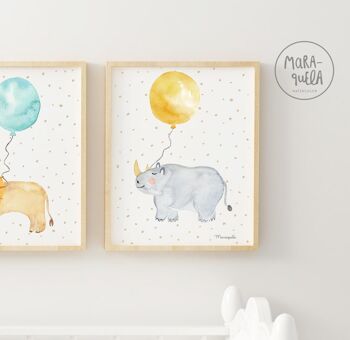 Ensemble d'estampes pour enfants d'animaux en ballons - Ours polaire, lion et rhinocéros - Illustrations enfants aquarelles amusantes et tendres pour la décoration du nouveau-né 4