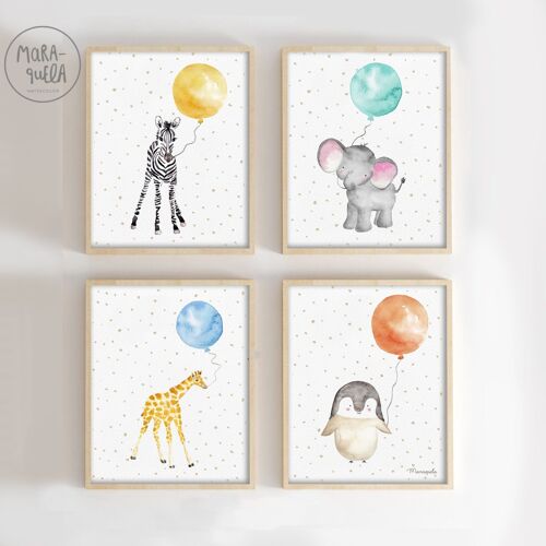 Set de láminas infantiles de animales con globo / Ilustraciones infantiles de animales en acuarela / Cebra, elefante, jirafa, pingüino / Decoración recién nacido, regalos babyshower