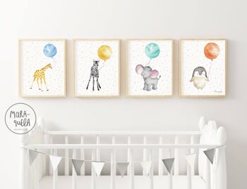 Ensemble d'estampes d'animaux pour enfants avec ballon / Illustrations pour enfants d'animaux aquarelles / Zèbre, éléphant, girafe, pingouin / Décoration nouveau-né, cadeaux baby shower 2