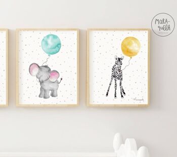 Ensemble d'estampes d'animaux pour enfants avec ballon / Illustrations pour enfants d'animaux aquarelles / Zèbre, éléphant, girafe, pingouin / Décoration nouveau-né, cadeaux baby shower 4