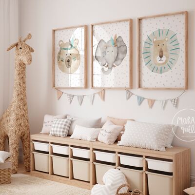 Set of children's prints Elephant Lion and Brown Bear - Children's illustrations of animal heads - Neutral tones, for unisex, minimal decoration and neutral colors