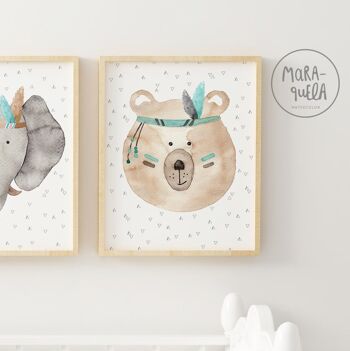 Ensemble d'estampes pour enfants Éléphant Lion et Ours Brun - Illustrations pour enfants de têtes d'animaux - Tons neutres, pour une décoration mixte, minimaliste et des couleurs neutres 5