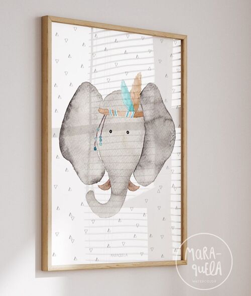 Lámina infantil Elefante / Póster cabeza de animal para la decoración de los niños / Diseño unisex, discreto, de tonalidades grises/ GRANDE y pequeño Formato