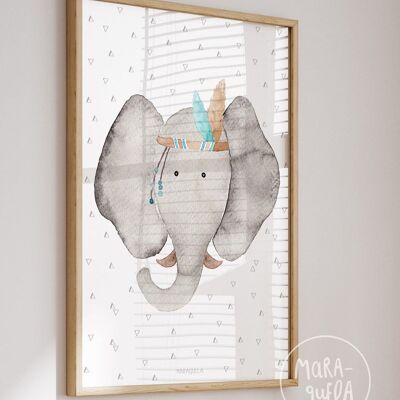 Lámina infantil Elefante / Póster cabeza de animal para la decoración de los niños / Diseño unisex, discreto, de tonalidades grises/ GRANDE y pequeño Formato
