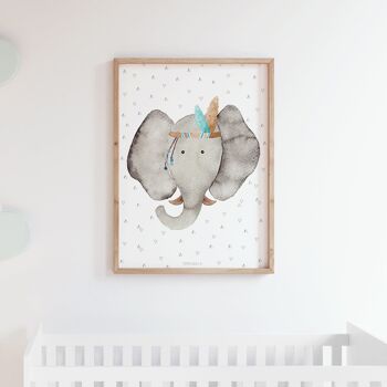 Impression enfant Éléphant / Affiche tête d'animal pour décoration enfant / Mixte, design discret, dans les tons gris / GRAND et petit format 3