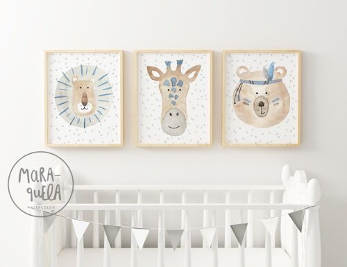 Set de 3 animales infantiles para la decoración de paredes - Tonalidades beige y AZUL grisáceo - Para una decoración neutra, divertida y original.