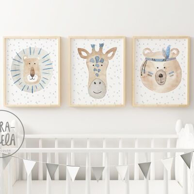 Set mit 3 Tieren für Kinder zur Wanddekoration – Beige- und Grau-BLAUE-Töne – Für eine neutrale, lustige und originelle Dekoration.