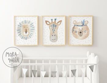 Lot de 3 animaux enfants pour décoration murale - Tons beige et BLEU grisâtre - Pour une décoration neutre, ludique et originale. 1