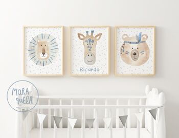 Lot de 3 animaux enfants pour décoration murale - Tons beige et BLEU grisâtre - Pour une décoration neutre, ludique et originale. 5