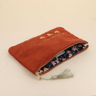 Pencil case - love and 3 hearts - corduroy and interior floral print - 20 X 14 CM