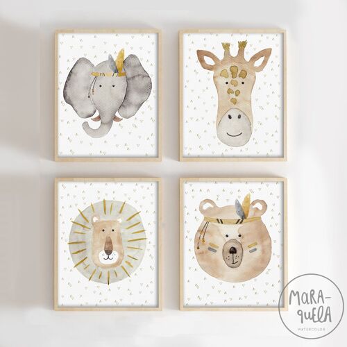 4 láminas infantiles: Oso, León, elefante y jirafa - Tonalidades beige y MOSTAZA - Ilustraciones infantiles de cabezas de animales en acuarela, para la decoración infantil, decoración niños unisex