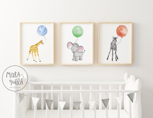 Set de láminas de animales con globo - Safari - Jirafa, elefante y cebra - Ilustraciones infantiles ideales para la decoración infantil, para recién nacidos, regalo nacimiento o baby shower