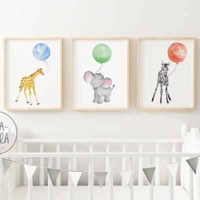 Set de láminas de animales con globo - Safari - Jirafa, elefante y cebra - Ilustraciones infantiles ideales para la decoración infantil, para recién nacidos, regalo nacimiento o baby shower