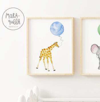 Lot d'imprimés animaliers avec ballon - Safari - Girafe, éléphant et zèbre - Illustrations enfants idéales pour la décoration des enfants, pour cadeau de nouveau-né, de naissance ou de baby shower 2