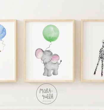 Lot d'imprimés animaliers avec ballon - Safari - Girafe, éléphant et zèbre - Illustrations enfants idéales pour la décoration des enfants, pour cadeau de nouveau-né, de naissance ou de baby shower 3