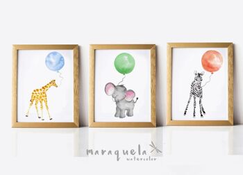 Lot d'imprimés animaliers avec ballon - Safari - Girafe, éléphant et zèbre - Illustrations enfants idéales pour la décoration des enfants, pour cadeau de nouveau-né, de naissance ou de baby shower 6