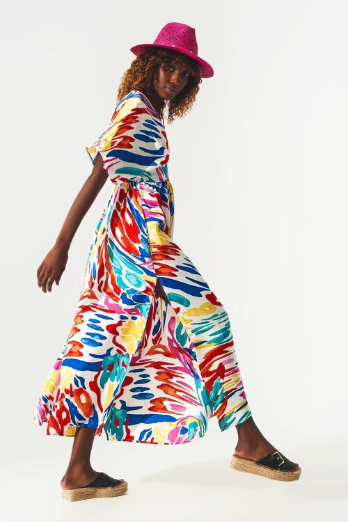 Maxi dress with v-neckline and kimono-style sleeves in multicolor print