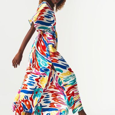 Maxi dress with v-neckline and kimono-style sleeves in multicolor print