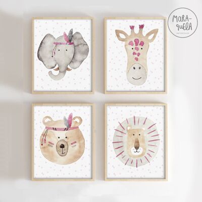 Set of children's prints Elephant, Bear, Giraffe and lion - Beige and PINK tones - Children's wall decoration for girls - children's illustration in watercolor, poster of children's animals for decoration