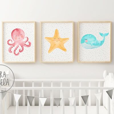 Set di stampe di animali marini per la decorazione dei bambini - Colori VIVIDI - Polpo, stella marina e balena - Design per bambini per le pareti di neonati e neonati