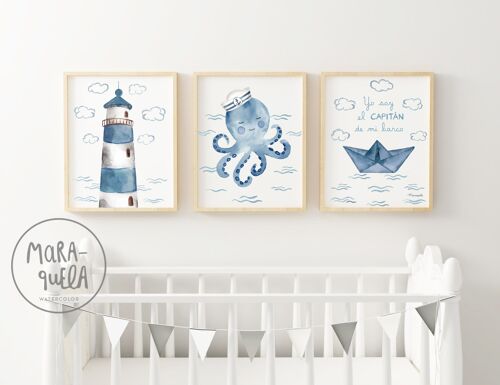 Set de láminas infantiles temática marinera - Pulpo marinero, barco y faro - Tonalidades azules, acuarela, para la decoración infantil, paredes de recién nacidos, bebés y niños.