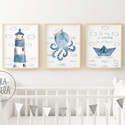 Set de láminas infantiles temática marinera - Pulpo marinero, barco y faro - Tonalidades azules, acuarela, para la decoración infantil, paredes de recién nacidos, bebés y niños.