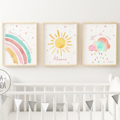 Set de láminas infantiles con Arcoíris, Sol y nube / 3 Ilustraciones infantiles con tonalidades coloridas y mensajes motivacional para la decoración de bebés y niñas
