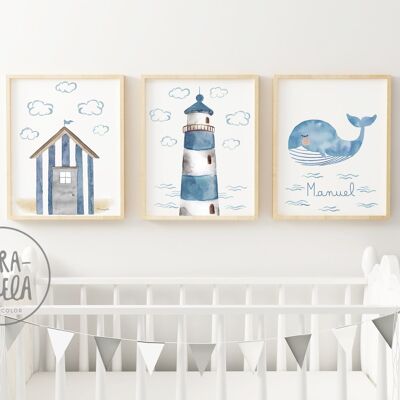 Set of children's prints with a marine theme / Lighthouse, beach hut and whale in watercolor and mixed technique / Blue tones for children's decoration with a marine touch