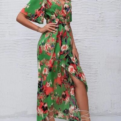 Light green and coral wrap dress.-YYX_Y2305_GREEN
