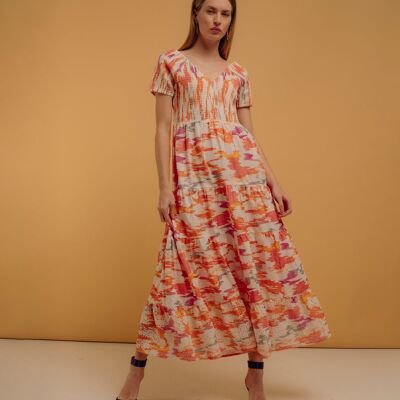 Long dress with honeycomb and perforated cotton