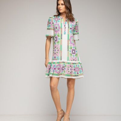Short tunic-style dress with geometric print and ethnic details