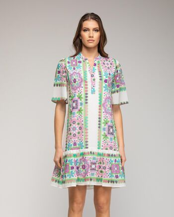 Robe courte style tunique à imprimé géométrique et détails ethniques 2