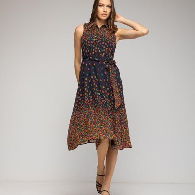 Sleeveless floral midi dress with contrast belt