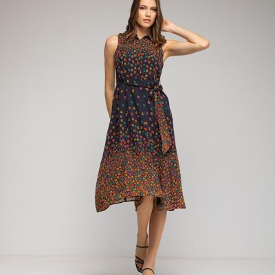 Robe midi fleurie sans manches avec ceinture contrastée