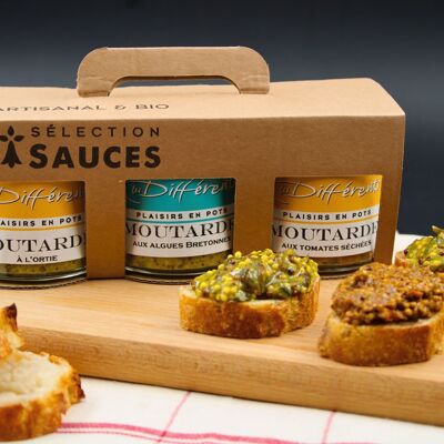 Trio of artisanal mustards, nettle, seaweed and dried tomatoes - Valentine's Day gift box of 3 jars of 100 gr